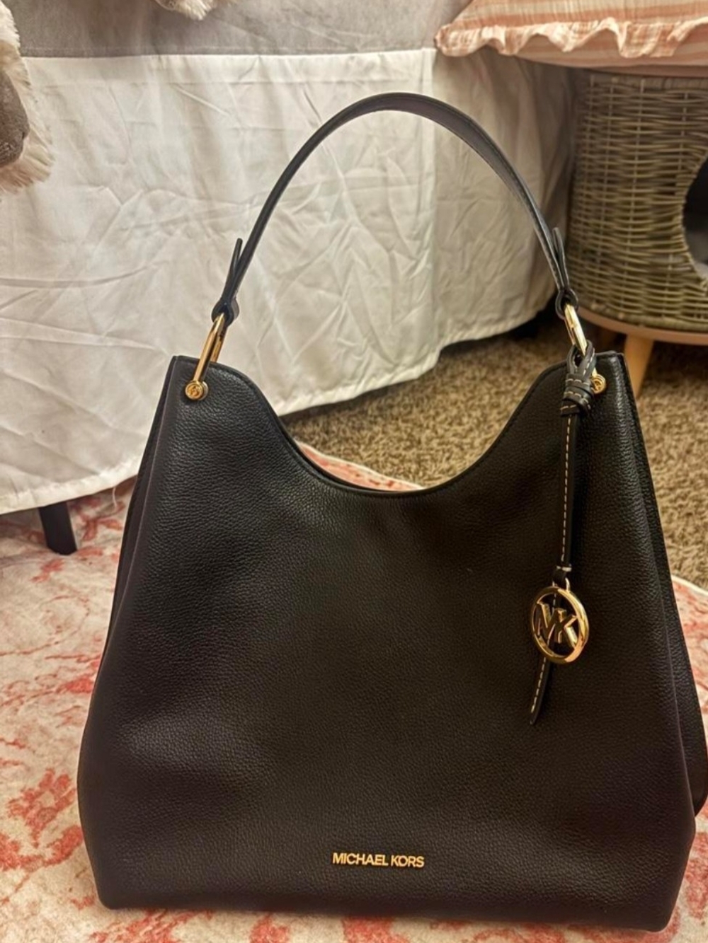 Michael Kors Medium Black Pebbled Leather Shoulder Bag with Gold Accents